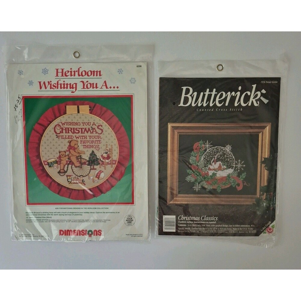 Lot of 2 VTG Christmas Cross Stitch Kits Dimensions Teddies Butterick Snow Globe